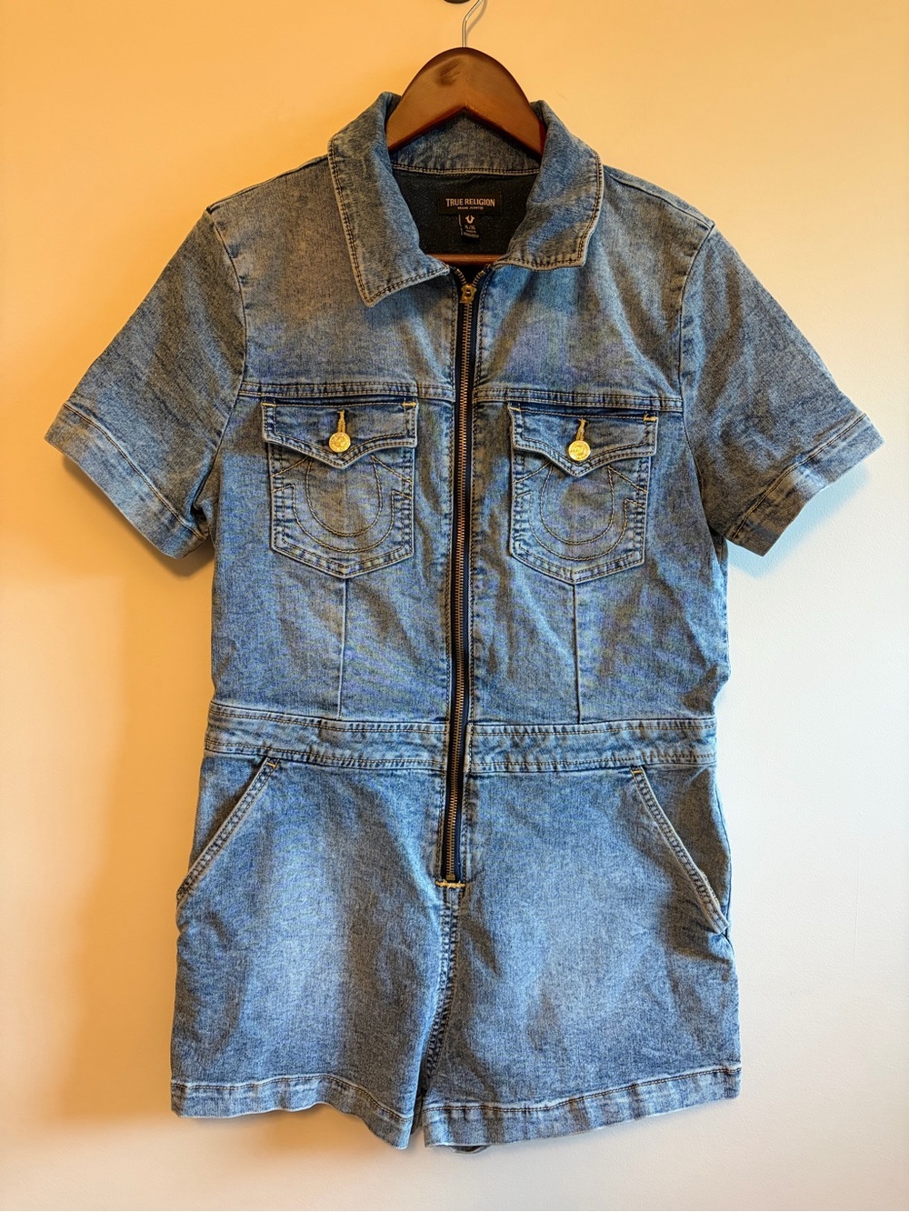 True Religion Blue Denim Zip-Front One-Piece Romper